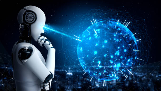 istock Thinking AI humanoid robot analyzing hologram screen shows concept of network 1285391156