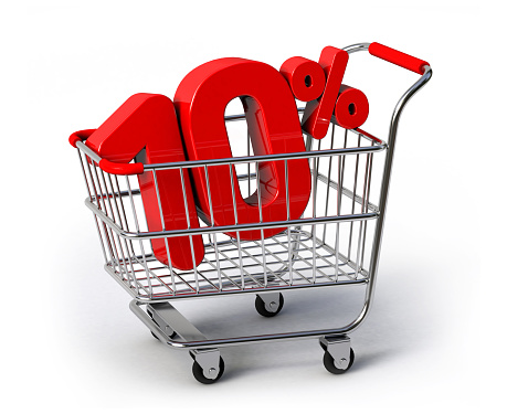 Shopping cart with 10% discount. 10 percent discount in shopping cart. Sale concept. 3D render illustration isolated on white background.