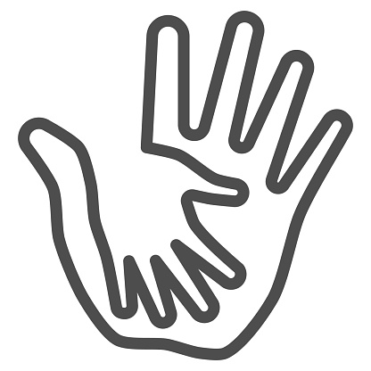 Palm of child in adult line icon, kids protection concept, helping hand sign on white background, child protection by parents or volunteers icon in outline style. Vector graphics
