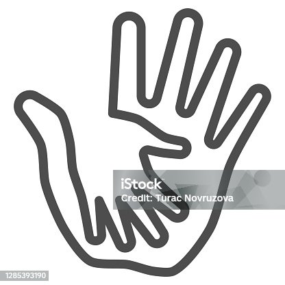 istock Palm of child in adult line icon, kids protection concept, helping hand sign on white background, child protection by parents or volunteers icon in outline style. Vector graphics. 1285393190