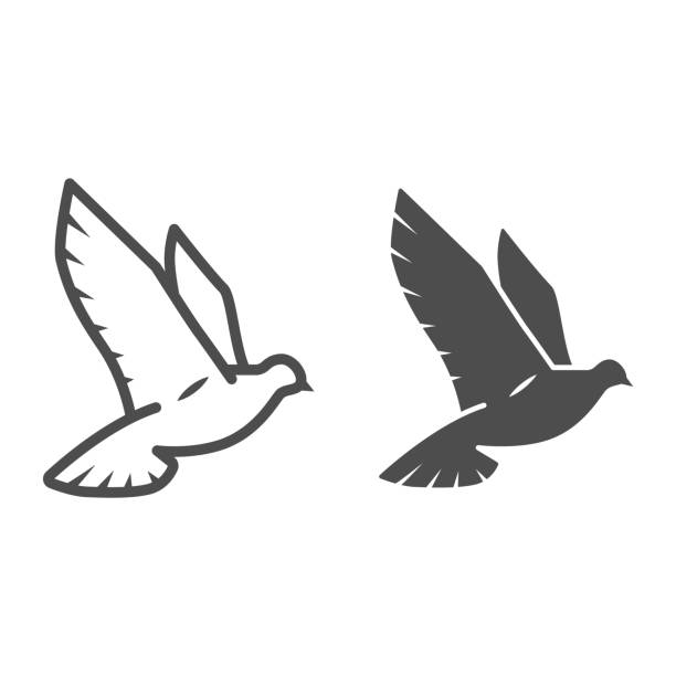平和ラインと固体アイコンの鳩、世界平和コンセプト、白い背景に鳥の看板、モバイルコンセプトとウェブデザインのためのアウトラインスタイルで飛ぶ鳩のアイコン。ベクターグラフィッ� - 動物の身体各部点のイラスト素材／クリップアート素材／マンガ素材／アイコン素材