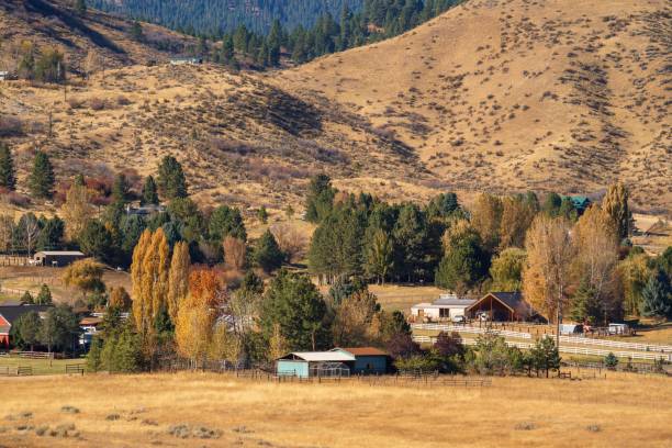 autumn rural idyllic Idaho homestead in rolling hills landscape stock photo