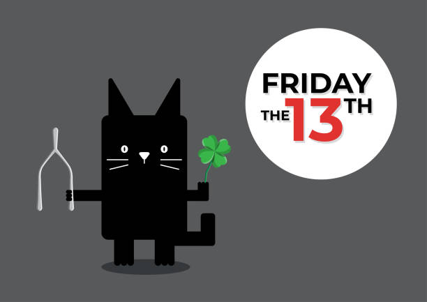 Friday the 13th black cat An illustration of a cute black cat holding a Saint George"u2019s sword plant cartoon of the friday 13th stock illustrations