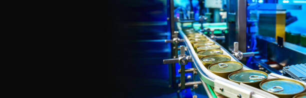 istock Canned food products on conveyor belt in distribution warehouse. parcels transportation system concept 1285400890