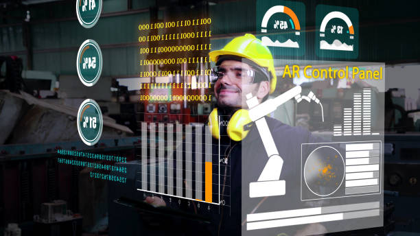 istock Factory worker use future holographic screen device to control manufacturing 1285401851