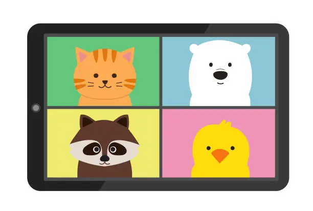 Vector illustration of Online meeting of animals on tablet or smartphone.