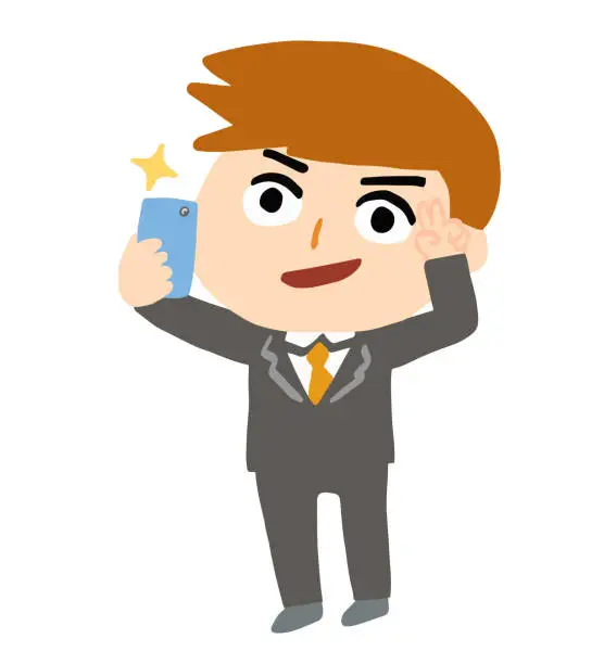 Vector illustration of Funny cartoon office worker taking a selfie.