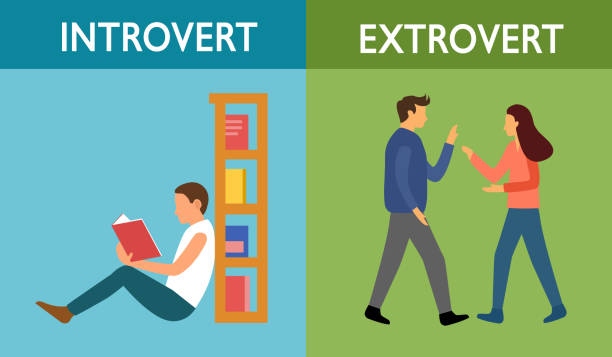 Introvert and extrovert personality character concept vector illustration. Introvert man enjoy reading book alone. Extrovert people are talkative and enjoy meeting new people. Introvert and extrovert personality character concept vector illustration. Introvert man enjoy reading book alone. Extrovert people are talkative and enjoy meeting new people. showing off stock illustrations