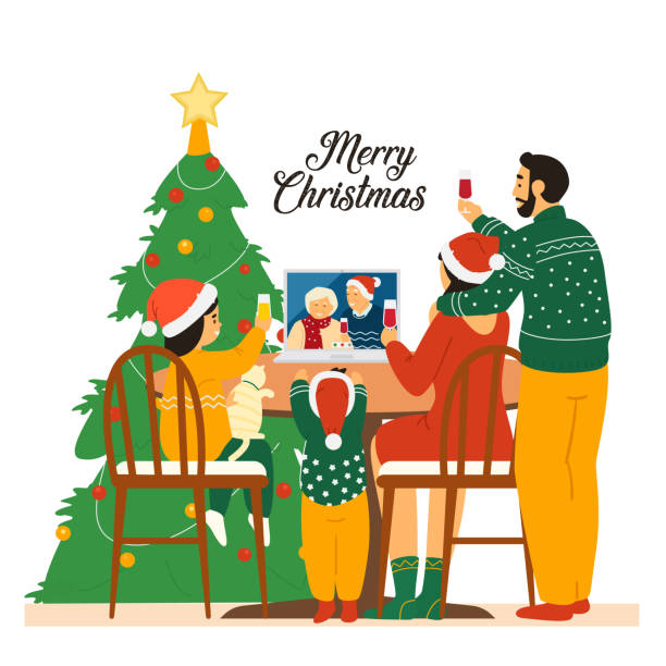 クリスマスを祝うサンタ帽子の家族 - senior adult with daughter father点のイラスト素材／クリップアート素材／マンガ素材／アイコン素材