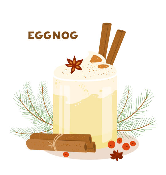 Eggnog Glass Cup Eggnog Glass Cup With Cinnamon Sticks Decorated With Ashberries and Fir Branches. Traditional Christmas Drink. Cartoon Vector Illustration. christmas eggnog stock illustrations