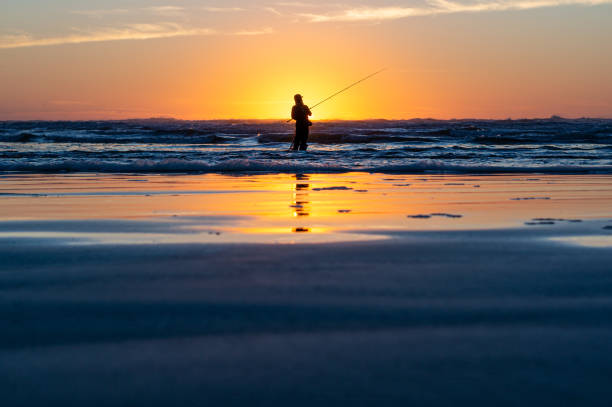 istock Fishing in the Sunset by the Pacific Ocean Shore 1285407894