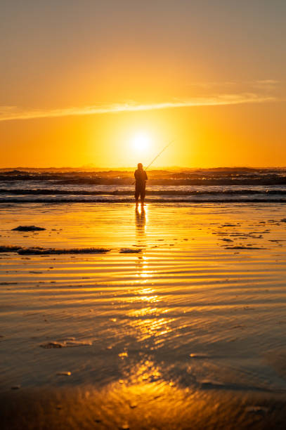 istock Fishing in the Sunset by the Pacific Ocean Shore 1285407900