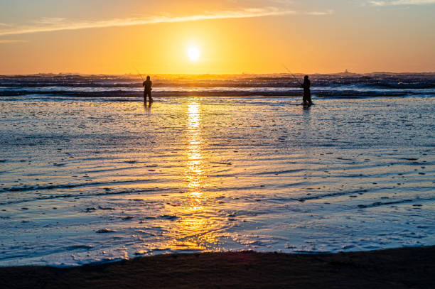 istock Fishing in the Sunset by the Pacific Ocean Shore 1285407904