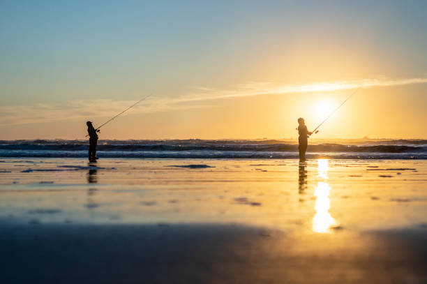 istock Fishing in the Sunset by the Pacific Ocean Shore 1285407906