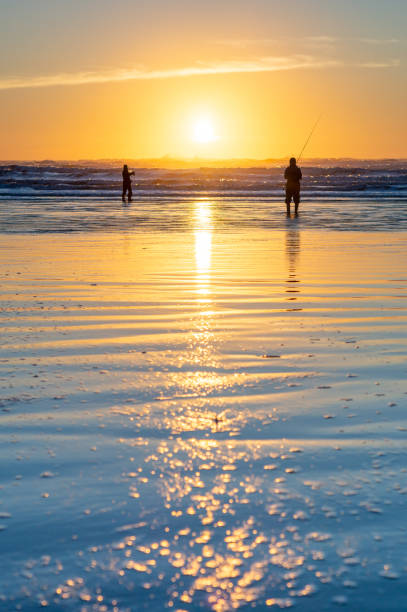 istock Fishing in the Sunset by the Pacific Ocean Shore 1285407914