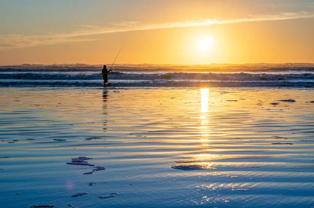 istock Fishing in the Sunset by the Pacific Ocean Shore 1285407916