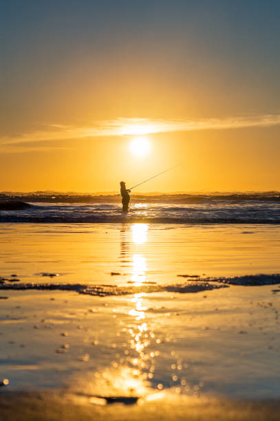 istock Fishing in the Sunset by the Pacific Ocean Shore 1285407919
