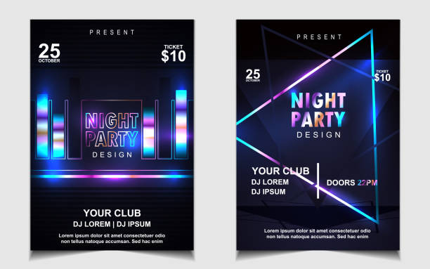 ilustraciones, imágenes clip art, dibujos animados e iconos de stock de cartel de la música y plantilla de fondo de diseño de volante con la colorida luz de discoteca sobre fondo oscuro. gráfico de diseño vectorial - party dj nightclub party nightlife