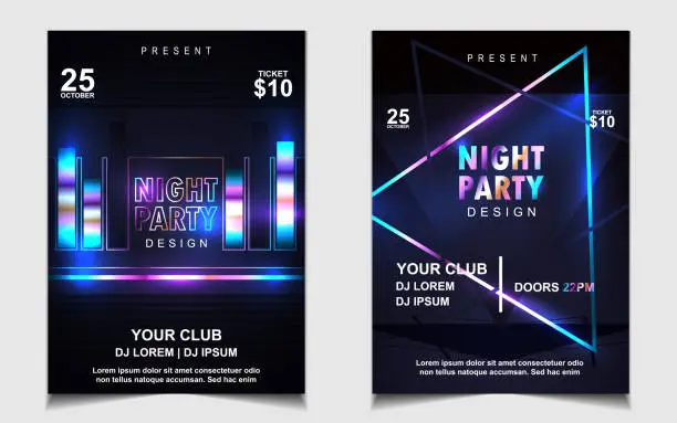 Vector illustration of Music poster and flyer design background template with colorful disco light on dark background. Vector layout graphic
