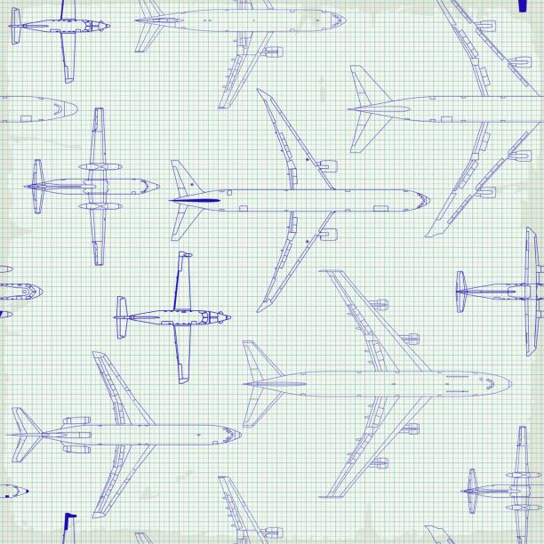 Seamless pattern flying passenger airplanes from different times. airplane drawings on graph vintage paper Seamless pattern flying passenger airplanes from different times. airplane drawings on graph vintage paper. Vector airplane patterns stock illustrations