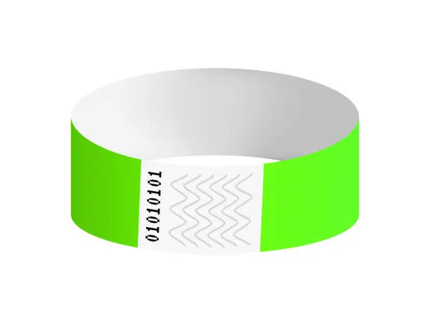 Vector illustration of Vector illustration of luminous neon green cheap empty bracelet or wristband. Sticky hand entrance event paper bracelet isolated. Template or mock up suitable for various uses of identification.