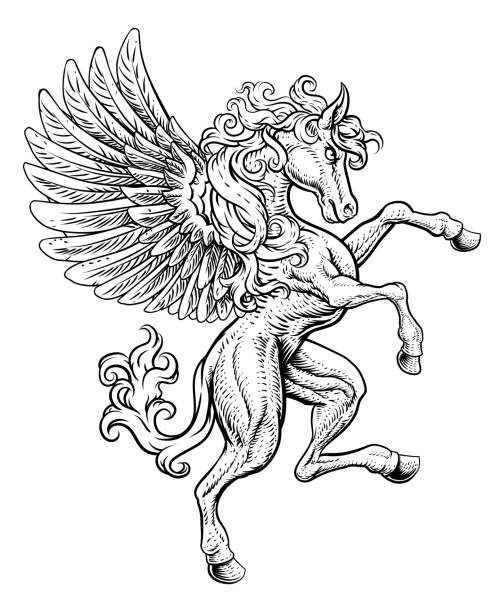 Pegasus Rearing Rampant Wings Coat Of Arms Horse A Pegasus horse with wings from Greek mythology rearing rampant on its hind legs in a coat of arms crest woodcut style pony wings stock illustrations