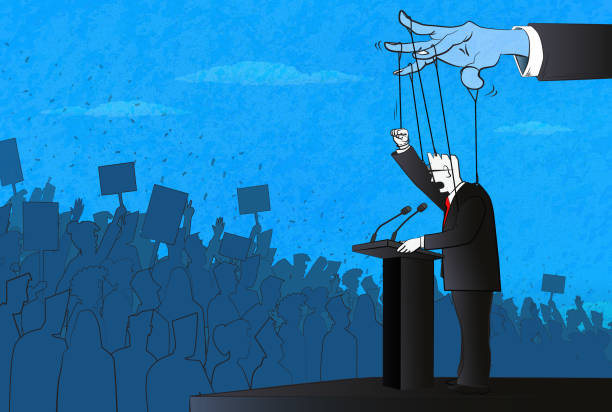The Politician as a Marionette Politician speaking to a large crowd of people is controlled by cords like puppet. (Used clipping mask) government silhouettes stock illustrations