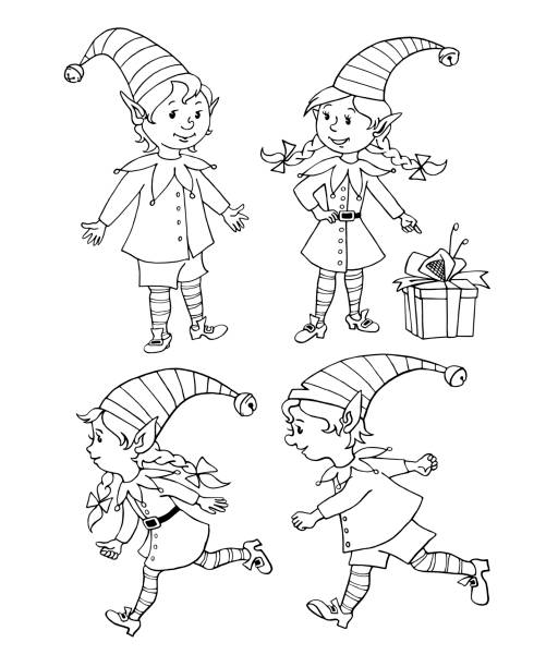 illustrations, cliparts, dessins animés et icônes de jolie petite fille et garçon d’elfes de noël. vector main dessiné caractères noirs de dessin animé. illustration simple pour le nouvel an et la conception de noel, cartes de voeux, calendriers, impressions, livre de coloriage - elf babies and children feelings and emotions holidays and celebrations