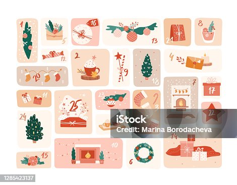 istock Advent calendar. Vector cute illustrations with numbers 1 to 25. Big set of Christmas objects, decor elements. 1285423137