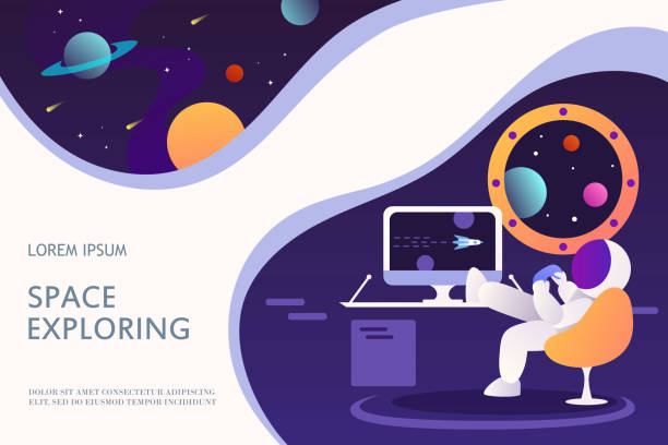istock An astronaut in a spaceship is playing a computer game. Template for landing page, banner, web page, card. Vector cartoon illustration. Purple background, space, planets, universe. Explorer, workplace 1285428475