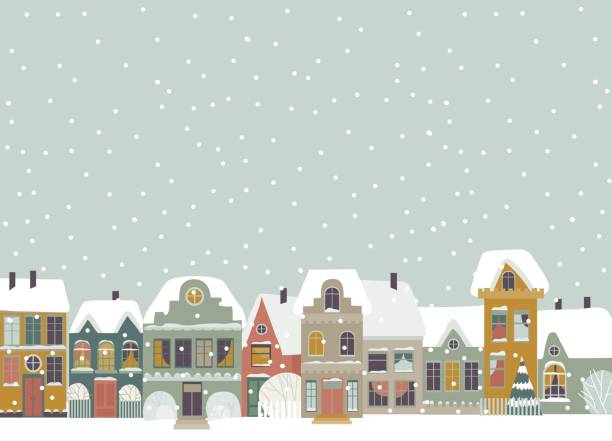 urocza kreskówka małe miasteczko w czasie bożego narodzenia - christmas window magic house stock illustrations