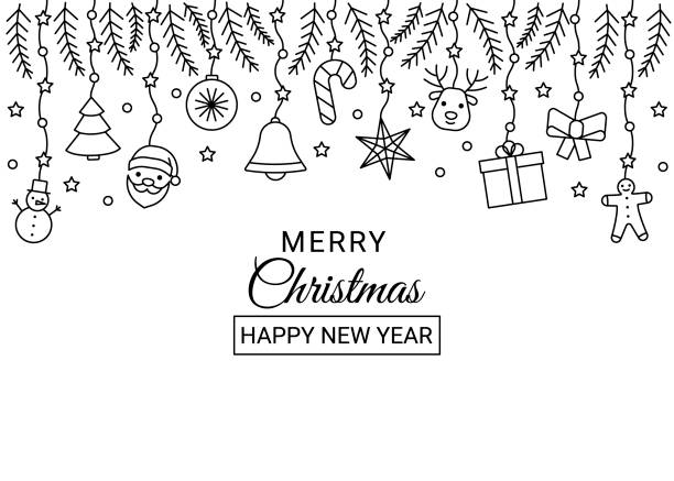 クリスマスと新年に設定されたボーダーラインアイコン。編集可能なアウトライン記号。ベクトルの図 - christmas candle wreath backgrounds点のイラスト素材／クリップアート素材／マンガ素材／アイコン素材
