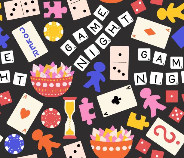 ilustrações de stock, clip art, desenhos animados e ícones de game night seamless pattern. board games repeating background. hand drawn illustration of poker chips, play cards, dice, puzzle pieces. use for kids decor, fabric, wrapping, toy store. - night piece