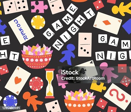 istock Game night seamless pattern. Board games repeating background. Hand drawn illustration of poker chips, play cards, dice, puzzle pieces. Use for kids decor, fabric, wrapping, toy store. 1285430491