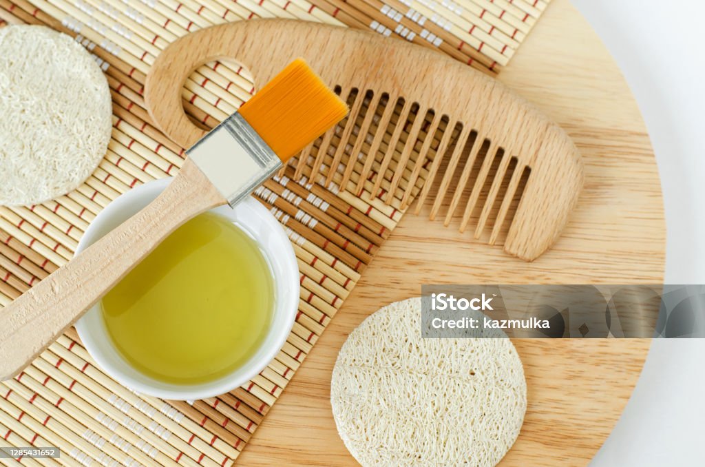 Olive Oil Makeup Brush Loofah Sponge And Wooden Hairbrush Ingredients For  Preparing Homemade Mask Natural Beauty Treatment Recipe And Zero Waste  Concept Top View Copy Space Stock Photo - Download Image Now 