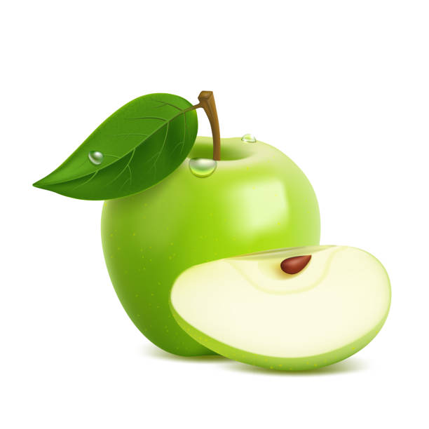 Realistic green apple with leaf and drops Realistic green sliced apple with leaf and drops, on white background, sweet fruit, healthy food. green apple slices stock illustrations
