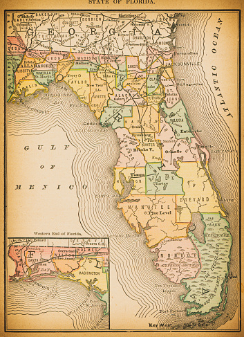 19th century map of State of Florida. Published in New Dollar Atlas of the United States and Dominion of Canada. (Rand McNally & Co's, Chicago, 1884).