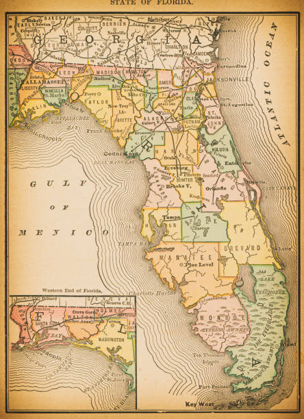 19th century map of State of Florida 19th century map of State of Florida. Published in New Dollar Atlas of the United States and Dominion of Canada. (Rand McNally & Co's, Chicago, 1884). jacksonville florida stock illustrations
