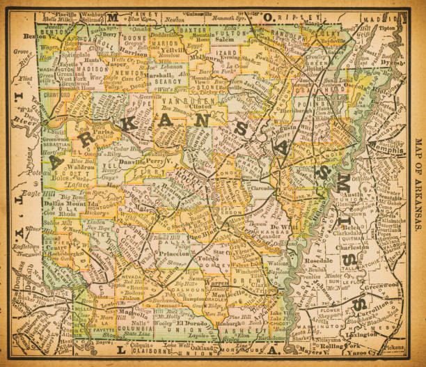 19th century map of Arkansas. Published in New Dollar Atlas of the United States and Dominion of Canada. (Rand McNally & Co's, Chicago, 1884).