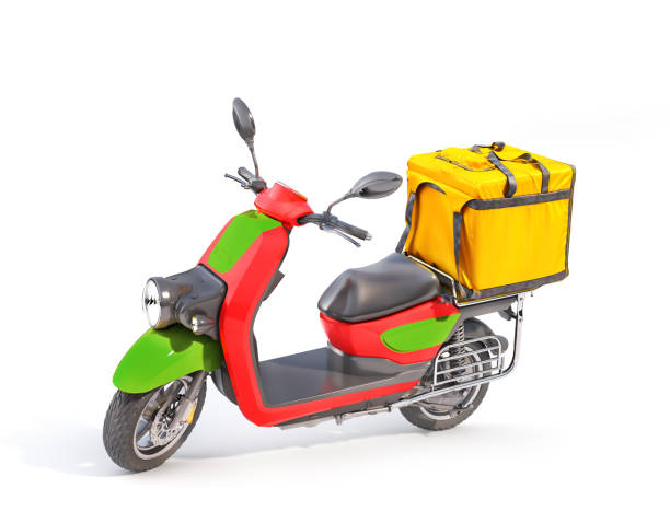 Delivery concept. Thermal backpack for contactless food delivery to customers home with e-moped. Online ordering food. 3d illustration