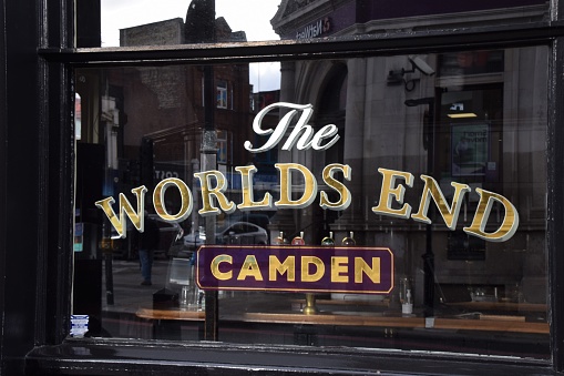 London, United Kingdom - November 12 2020: Detail of The World's End pub sign in Camden.
