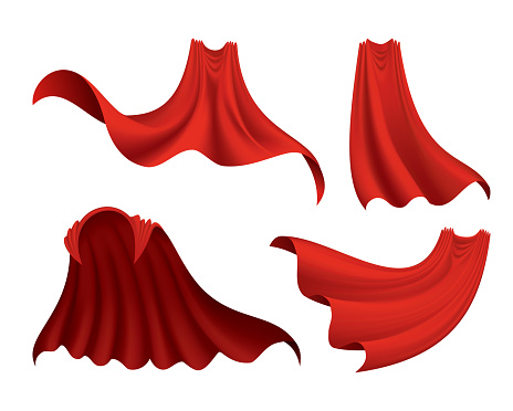 Superhero red cape in different positions on white background. Scarlet fabric silk cloak. Mantle costume or cover cartoon vector set.