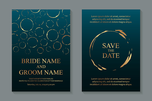 istock Wedding invitation with golden grunge circles on a dark turquoise background. 1285435553