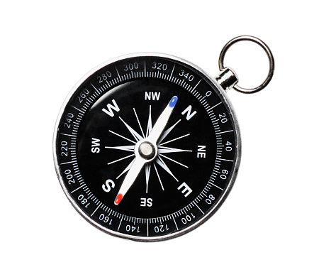 Classic magnetic compass, metal navigational compass isolated on a white background. Top view