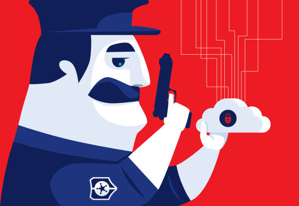 ilustrações, clipart, desenhos animados e ícones de guarda de segurança armado com computação em nuvem trancada - security system prevent lock crime