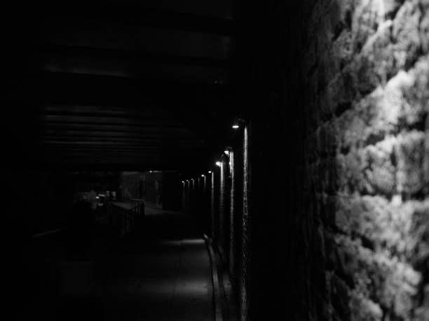 A Forbidding Path Dark, moody and foreboding nighttime image, taken along Regent's Canal, King's Cross, London. Image shows the canal side tow path running under a rail bridge. The image is shown with a shallow depth of focus and shows the brick wall in almost complete shadow and diminishing perspective, with the dark punctuated by lights picking out the texture of the bricks. regents canal stock pictures, royalty-free photos & images