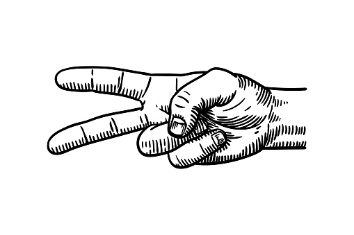 Old style illustration of a hand with middle and index fingers straight