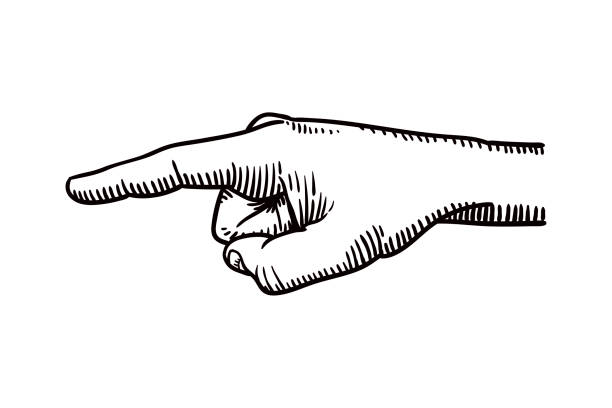 Vector drawing of a hand with index finger extended Old style illustration of a hand pointing left with index finger index finger illustrations stock illustrations