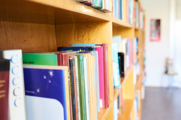 istock a colorful bookshelf at a school library 1285441421