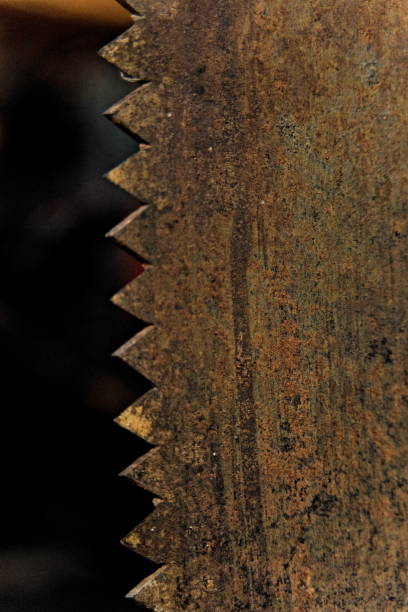 Rusty old industrial saw mill blade for cutting timber logs, close-up.